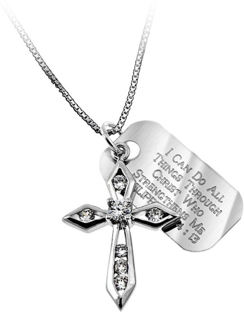 Necklace-CZ Big Makaira Cross-All Things (Phil 4:13) (18") by Stainless Steel
