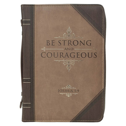 Bible Cover-Be Strong And Courageous (Joshua 1:9)-Portfolio Walnut-Brown/Tan Faux Leather Classic-XLarge by Christian Art Gift