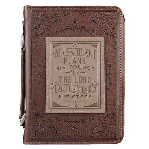 Bible Cover-A Man's Heart Plans His Course (Proverbs 16:9)-Brown Faux Leather Classic-Medium by Christian Art Gift
