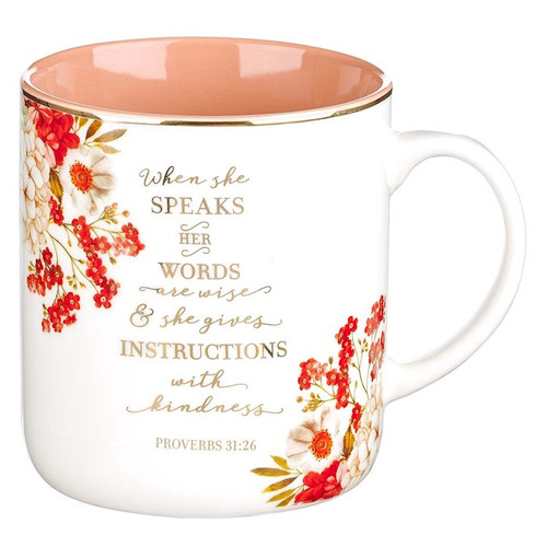 Mug-When She Speaks Her Words Are Wise (Proverbs 31:26)-White/Peach (MUG652) by Christian Art Gift