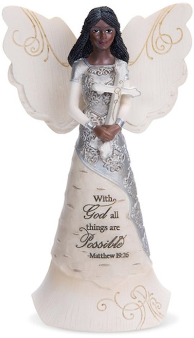 Figurine-Ebony Angel Holding Cross-With God All Things Are Possible (6.5") by Elements