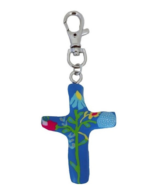 Keychain-Comforting Clay Cross-Multiple Blessings (Blue) (3") by First & Main