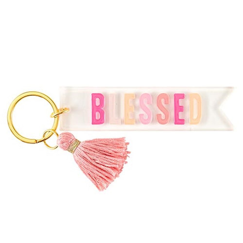 Key Tag-Acrylic w/Tassel-Blessed (4" x 1") by Santa Barbara Desi