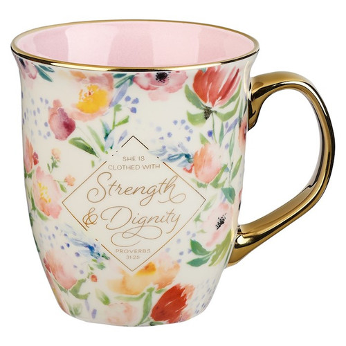 Mug-She Is Clothed With Strength & Dignity (Proverbs 31:25)-Pastel Floral/Pink (MUG962) by Christian Art Gift