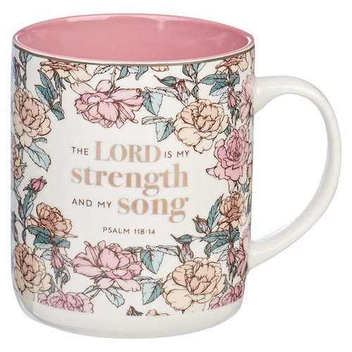 Mug-The Lord Is My Strength And My Song (Psalm 118:14)-Pink Rose (MUG773) by Christian Art Gift