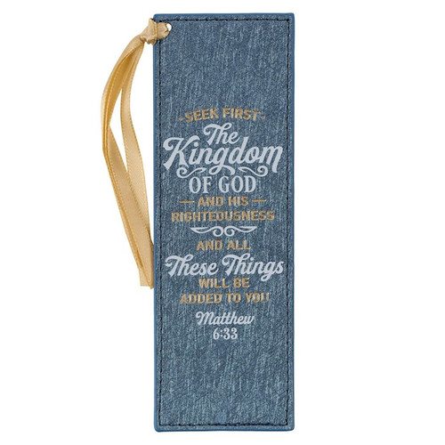 Bookmark-Seek First The Kingdom of God (Matthew 6:33)-Metallic Blue Faux Leather by Christian Art Gift