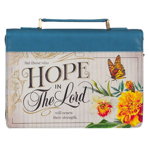 Bible Cover-Hope In The Lord-Floral Mediterranean Blue Faux Leather Fashion-Large by Christian Art Gift