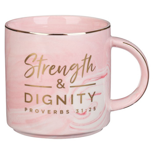 Mug-Strength & Dignity (Proverbs 31:25)-Pink Marbled (MUG932) by Christian Art Gift