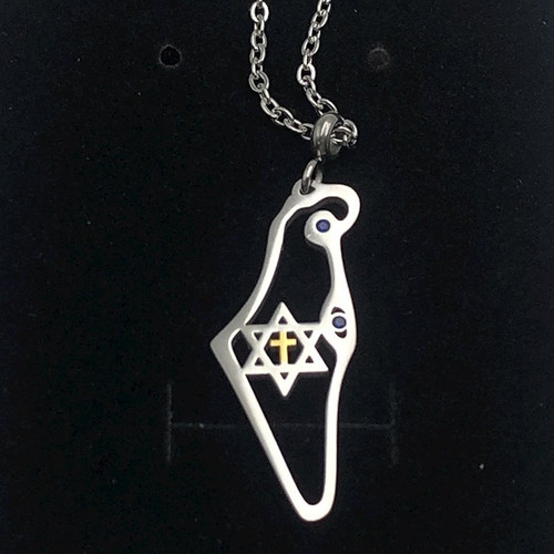 Necklace-Map Of Israel-Stainless Steel Silver Plated (20" Chain) (#9510) by Holy Land Gifts