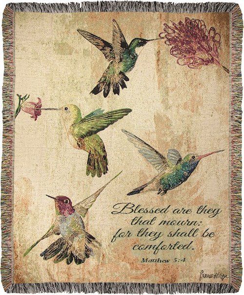 Throw-Hummingbird Floral/Blessed Are They Who Mourn... Tapestry (50" x 60") by Manual Weavers