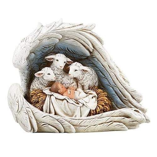 Figurine-Adoring Sheep At The Manger (6.25" x 5" x 3.25") by CB Catholic