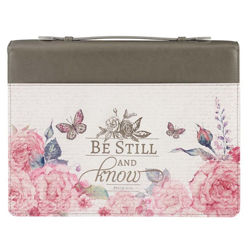 Bible Cover-Be Still And Know (Psalm 46:10)-Pink Floral/Gray Faux Leather Fashion-Large by Christian Art Gift