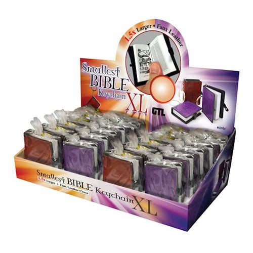 Smallest Bible Keychain Display-Leather Look w/Cross-Violet & Brown (Pack Of 24) by G T Luscombe