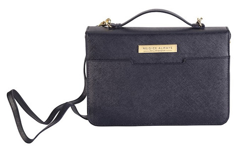 Bible Cover-Rejoice Always W/Detachable Shoulder Strap-Black-LRG by White Dove Des