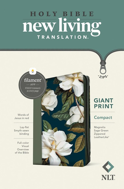 NLT Compact Giant Print Bible Filament-Enabled w/Zipper-Magnolia Sage Green LeatherLike by Tyndale House