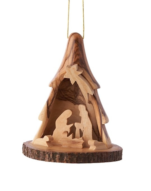 Ornament-Olivewood-3D Tree Nativity Grotto On Round Platform (3.5") by Christmas