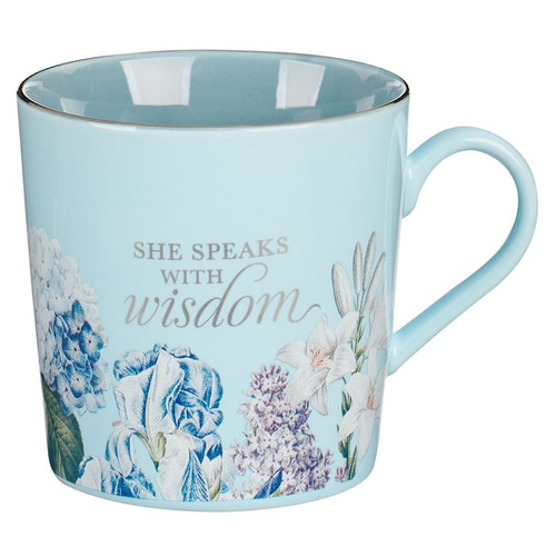 Mug-She Speaks With Wisdom (Proverbs 31:26)-Blue Floral (MUG1015) by Christian Art Gift