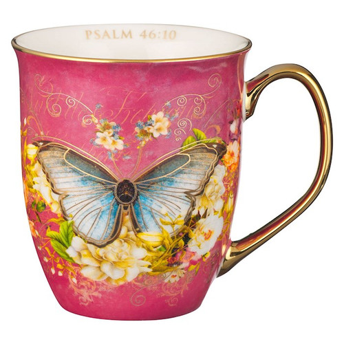 Mug-Be Still And Know (Psalm 46:10)-Pink/White Butterfly (MUG1018) by Christian Art Gift