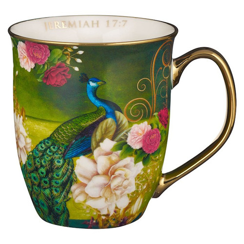 Mug-Blessed (Jeremiah 17:7)-Blue/White Peacock (MUG1019) by Christian Art Gift