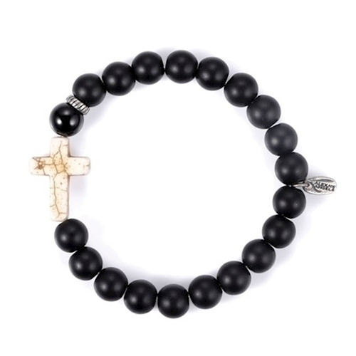 Bracelet-Black Onyx Beads W/ Cross-Stretch by Alexa's Angels