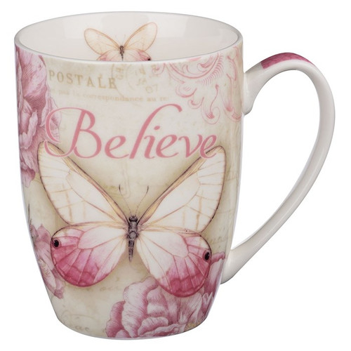 Mug-Butterfly Blessings/Believe w/Gift Box (Mark 9:23)-Pink (MUG401) by Christian Art Gift