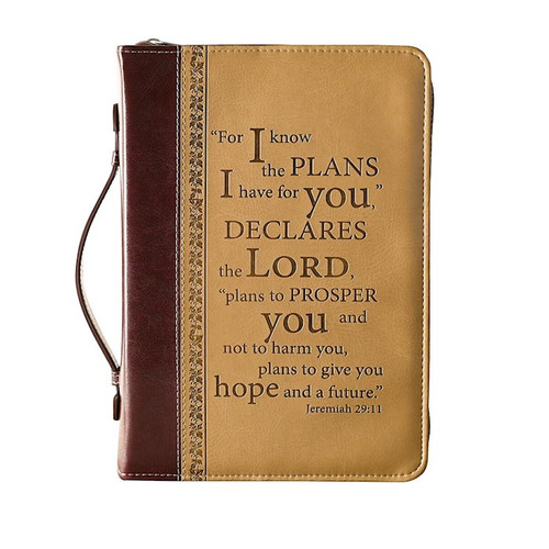 Bible Cover-For I Know The Plans (Jeremiah 29:11)-Two-Tone Brown Faux Leather Classic-Medium by Christian Art Gift