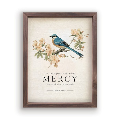 Framed Linen-Bird/Mercy-Psalm 145:9 (12 3/4 x 16 3/4) by P Graham Dunn