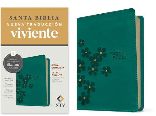 NTV Biblia Compacta Letra Gigante de Ziper con Filament (Compact Giant Print Zipper w/Filament)-Teal Floral LeatherLike by Tyndale Espanol