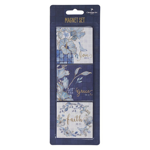 Magnet Set-Love Grace Faith-Blue Floral by Christian Art Gift