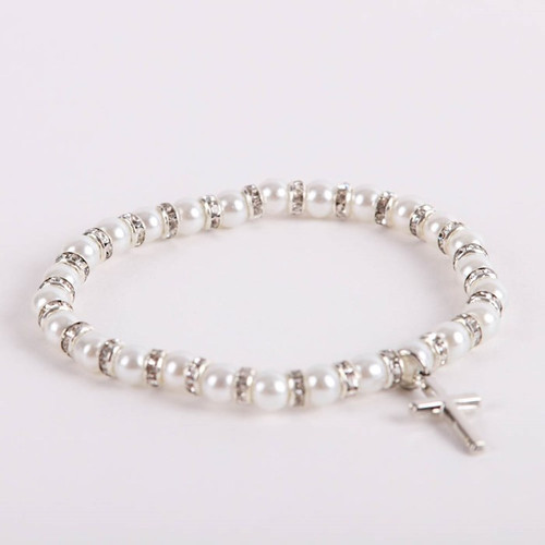 Bracelet-Pearls & Crystals With Cross Charm-Elastic (5") by Majesty Jewelry