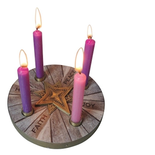 Mini Advent Candle Holder-Faith Hope Peace Joy w/Metal Trim & Star w/Candles (6" D) by Advent