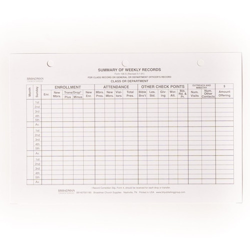 Form-Sunday School Weekly Records Summary (3-Hole Punched) (Form 106-S (Pack Of 100) by Broadman & Holman