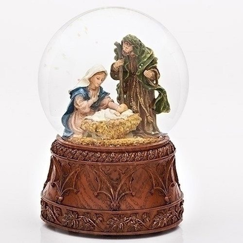 Musical Glitterdome-Holy Family On Carved Wood Base (Tune: O Holy Night) (6.75"H) by Christmas