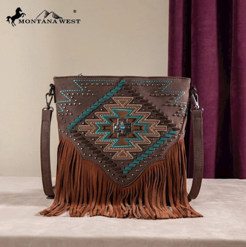 Crossbody Bag-Aztec Cross W/ Fringe (Concealed Carry)-Coffee by Montana West
