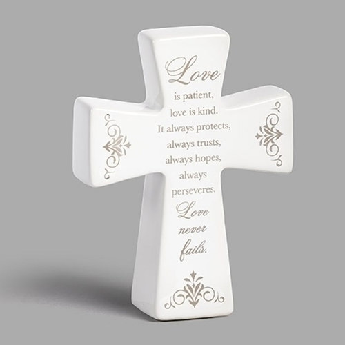 Tabletop Cross-Love Is Patient...Love Never Fails-Ceramic (4.5"H) (#11917) by Roman Inc.