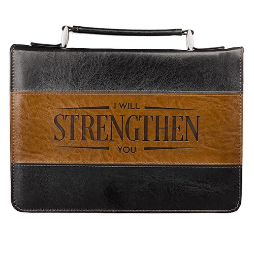 Bible Cover-I Will Strengthen You (Isaiah 41:10)-Black/Brown Faux Leather Classic-Medium by Christian Art Gift