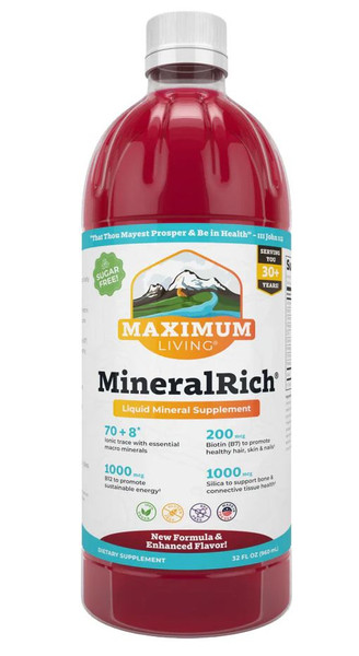 Maximum Living MineralRich Liquid Mineral Supplement (now sugar-free). 32 oz. Bottle. FREE SHIPPING.