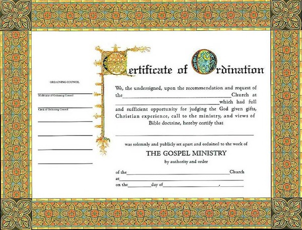 Certificate-Ordination-Minister (4 Color) (8-1/2" x 11) (Pack Of 6) by Broadman & Holman