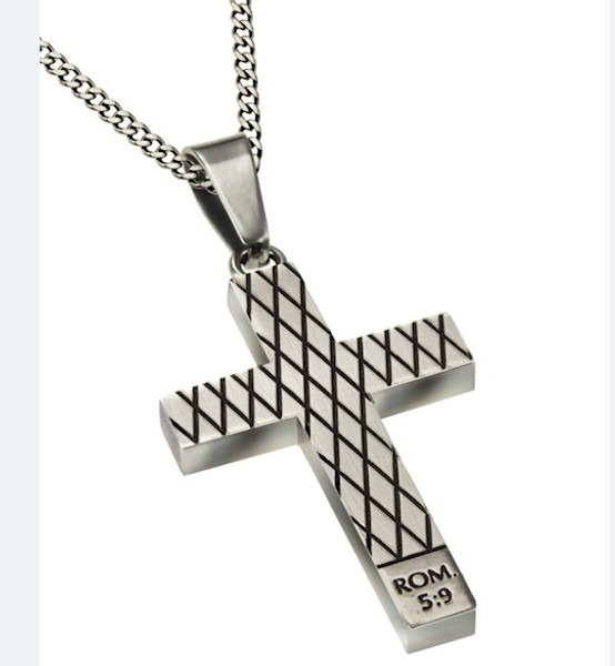 Necklace-Diamond Back-Cross/By His Blood (Mens) by Stainless Steel