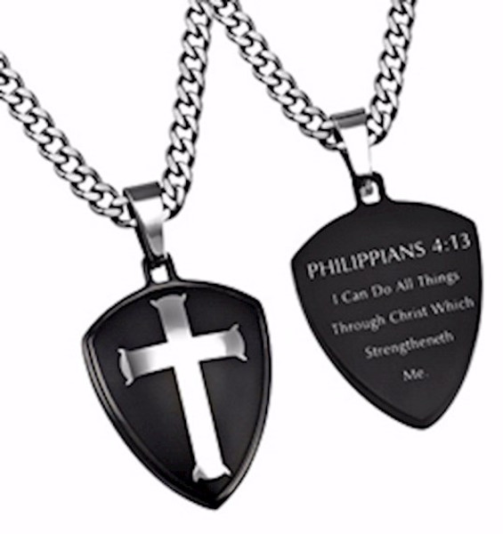 Necklace-Black R2 Shield Cross-Christ My Strength (Mens)-20" Chain by Stainless Steel