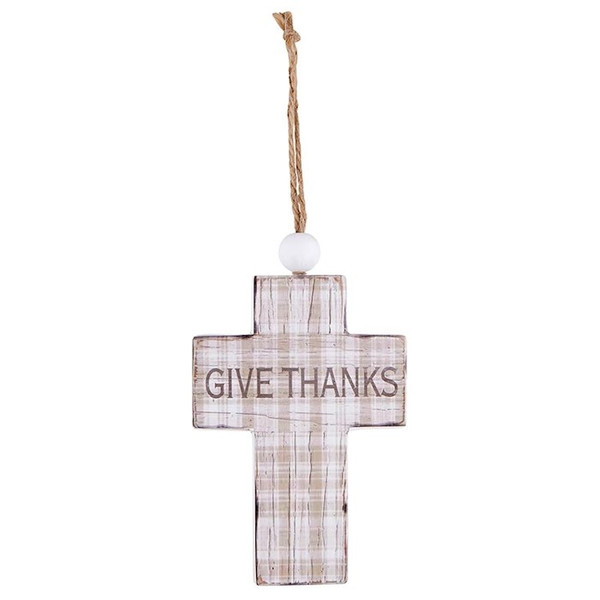 Hanging Cross-Give Thanks-Brown Plaid w/Jute Hanger (7") by Spiritual Watches