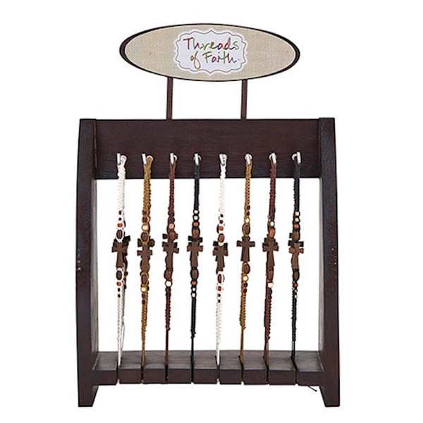 Bracelet-Threads Of Faith-Wood Cross Bracelet w/Display (8") (96 Pcs) by Kingdom