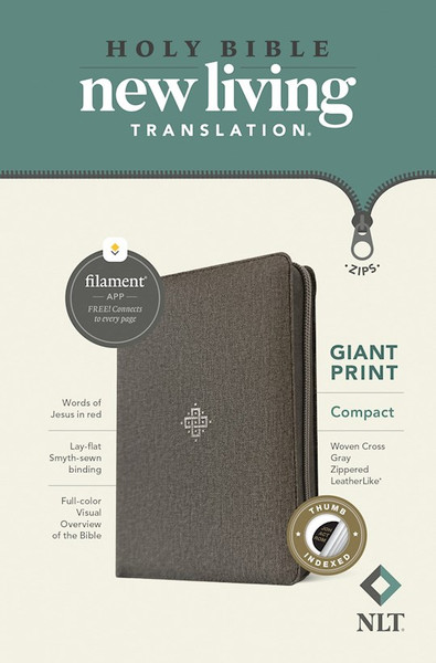 NLT Compact Giant Print Bible Filament-Enabled w/Zipper-Woven Cross Gray LeatherLike Indexed by Tyndale House