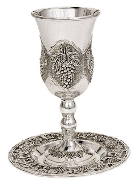 Wine Cup-Long Stem w/Grapes+Coaster (6.5")-Pewter (#44100) by Holy Land Gifts
