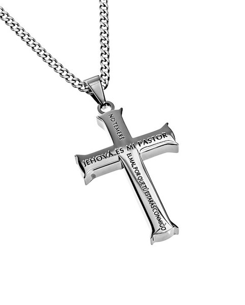 Span-Necklace-Silver Iron Cross-Psalm 23 (Mens)-24" Chain by Stainless Steel
