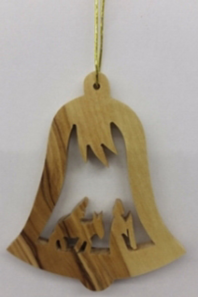 Ornament-Olive Wood-Holy Family In Bell (3") by Christmas