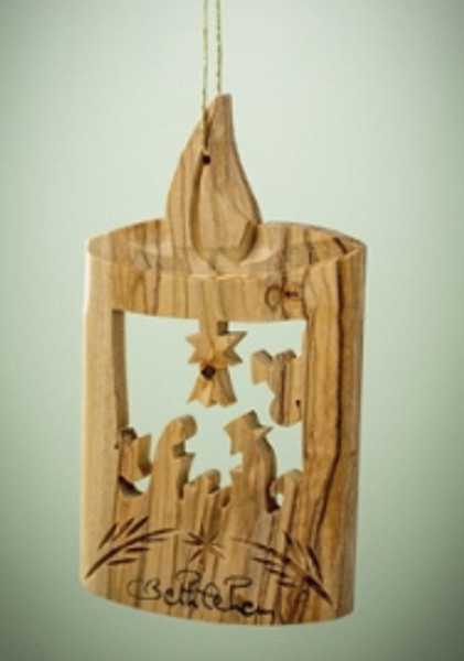 Ornament-Olive Wood-Holy Family In Candle (3") by Christmas