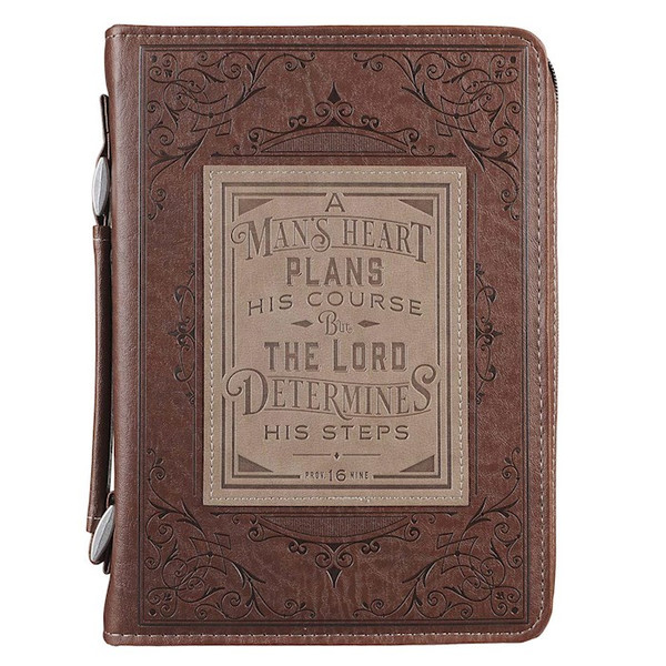 Bible Cover-A Man's Heart Plans His Course (Proverbs 16:9)-Brown Faux Leather Classic-Medium by Christian Art Gift