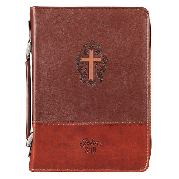 Bible Cover-Cross/John 3:16-Two-Tone Brown Faux Leather-Medium by Christian Art Gift
