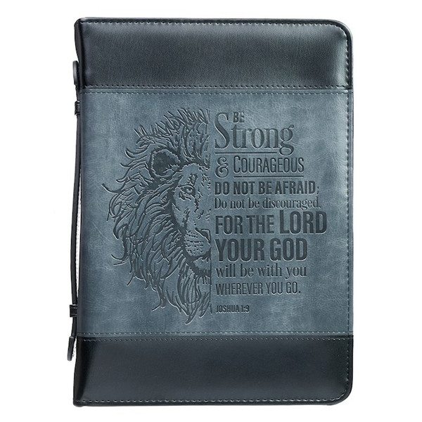 Bible Cover-Be Strong/Lion (Joshua 1:9)-Two-Tone Gray/Black Faux Leather Classic-Medium by Christian Art Gift